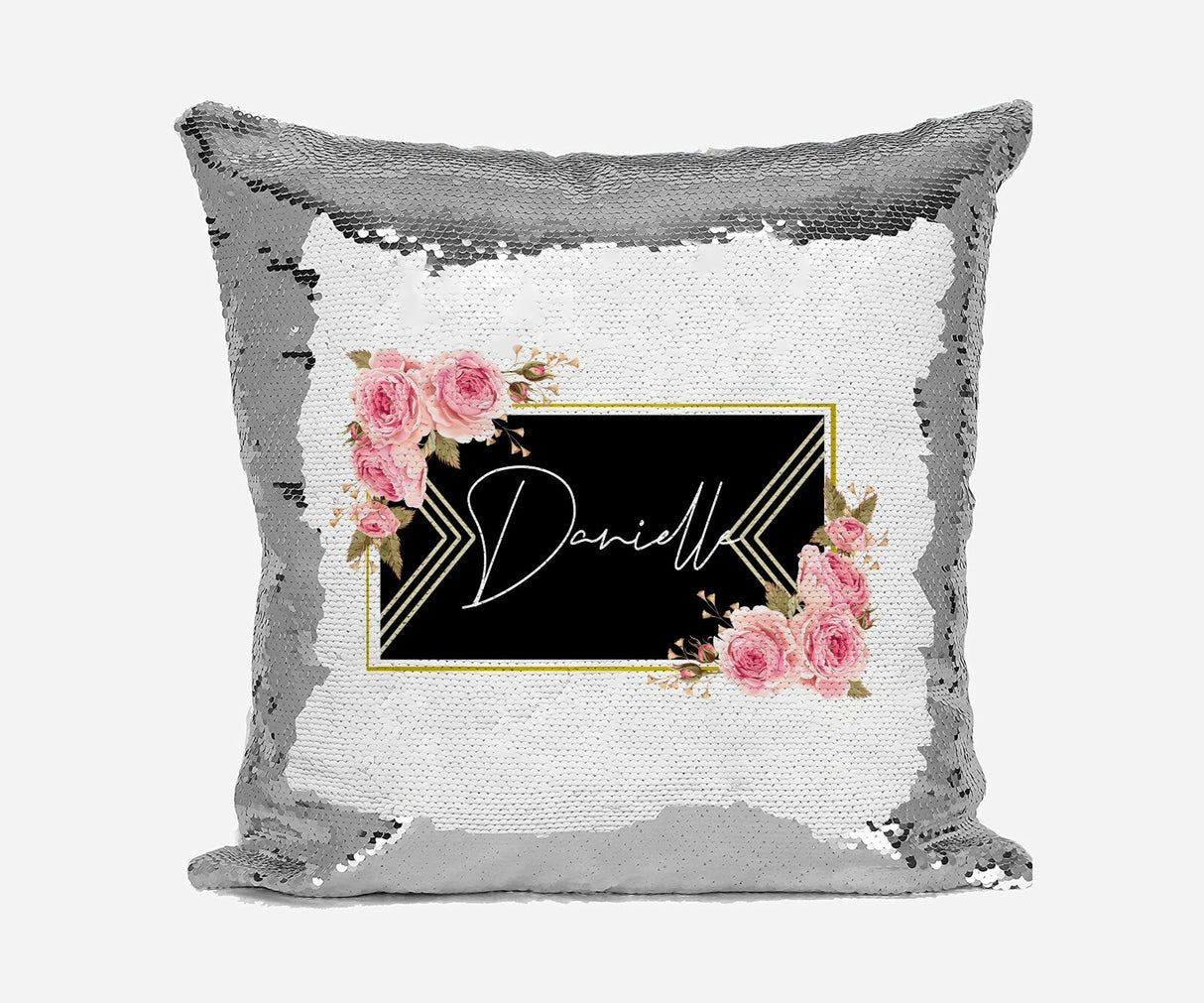 Personalised Name Shiny Sequin Magic Black Gold Frame Cushion Cover + Pillow
