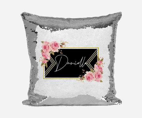Personalised Name Shiny Sequin Magic Black Gold Frame Cushion Cover + Pillow