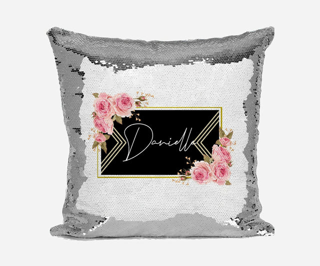 Personalised Name Shiny Sequin Magic Black Gold Frame Cushion Cover + Pillow