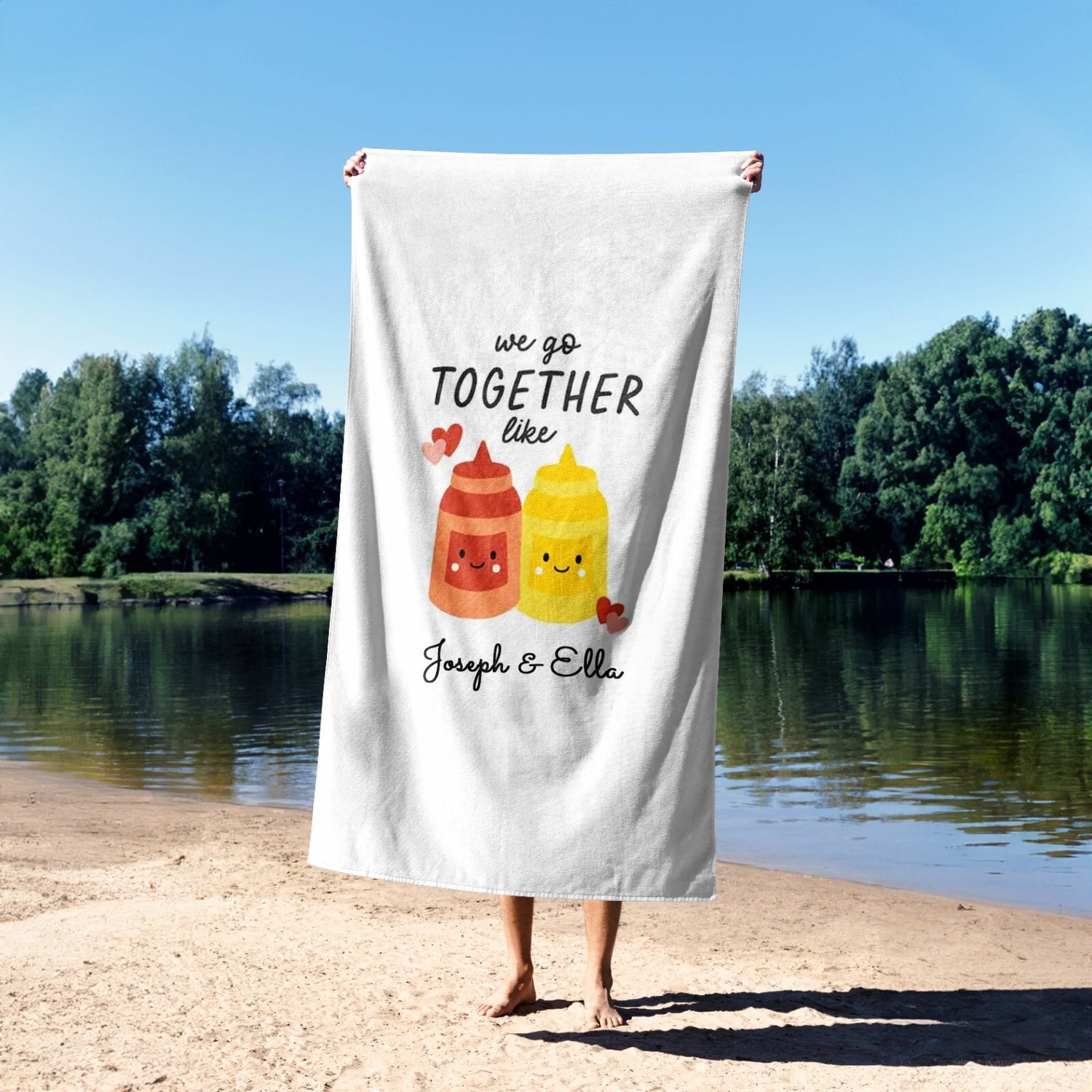 We Go Together Ketchup + Mustard Personalised Text Custom Beach Bath Sheet Towel
