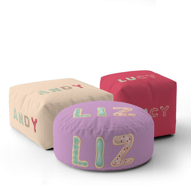 Personalised Any Name Cookie Alphabet Font Ottoman Filled Pouffe Washable Cover