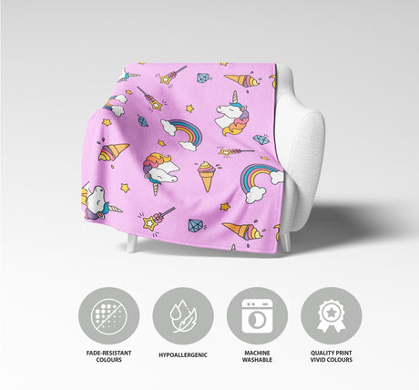 Personalised Custom Name Colour Unicorn Ice Cream Soft Warm Fleece Blanket Decor