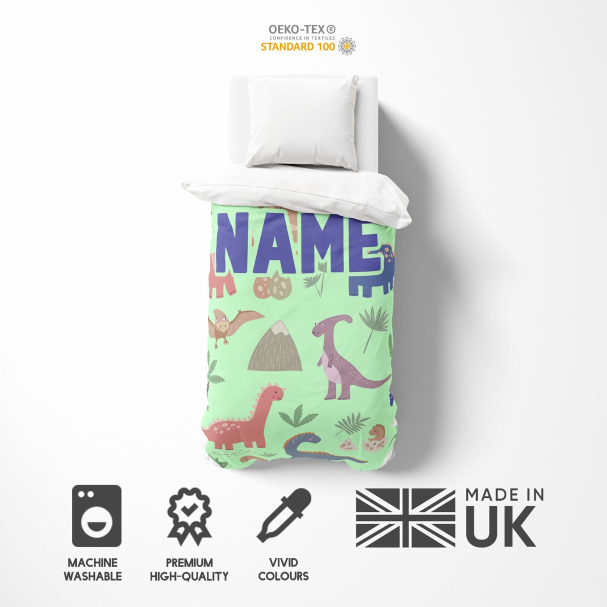 Personalised Custom Name Dinosaurs Clip Art Single Bed Duvet Cover + Pillowcase