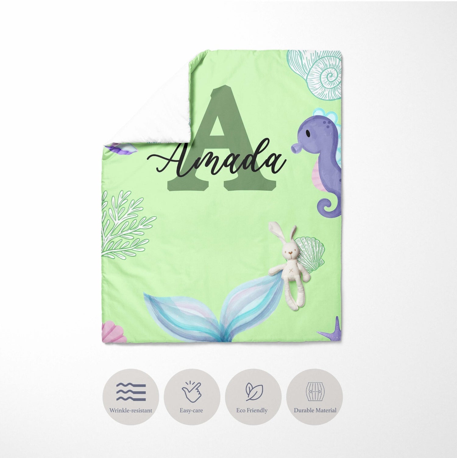 Personalised Name Mermaid Tail Monogram Font Cot Bed Duvet Cover + Pillowcase