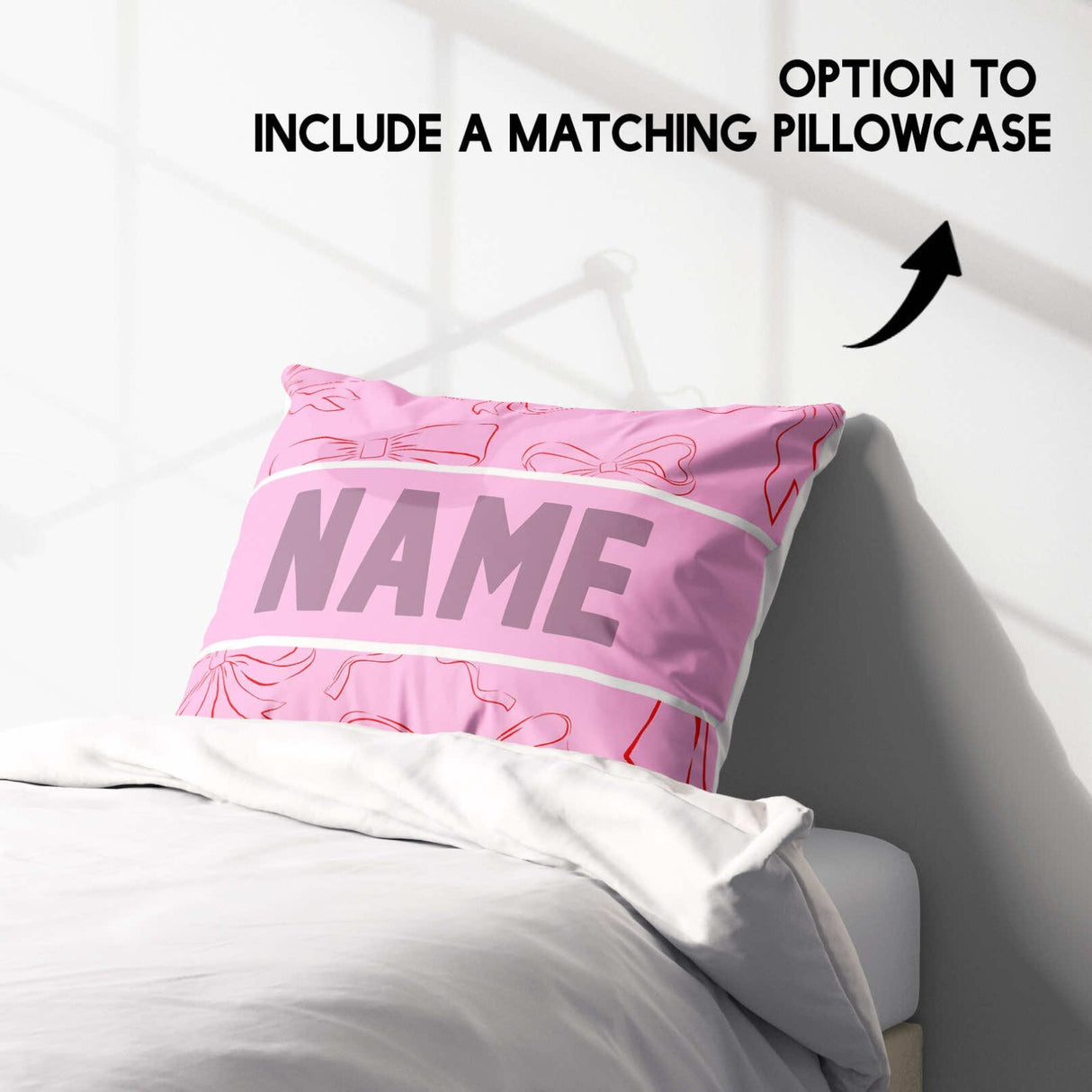 Personalised Name Coloured Pink Bows Printed Single Bed Duvet Cover + Pillowcase