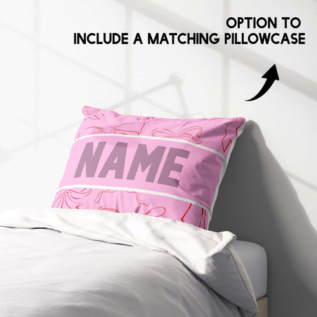 Personalised Name Coloured Pink Bows Printed Single Bed Duvet Cover + Pillowcase