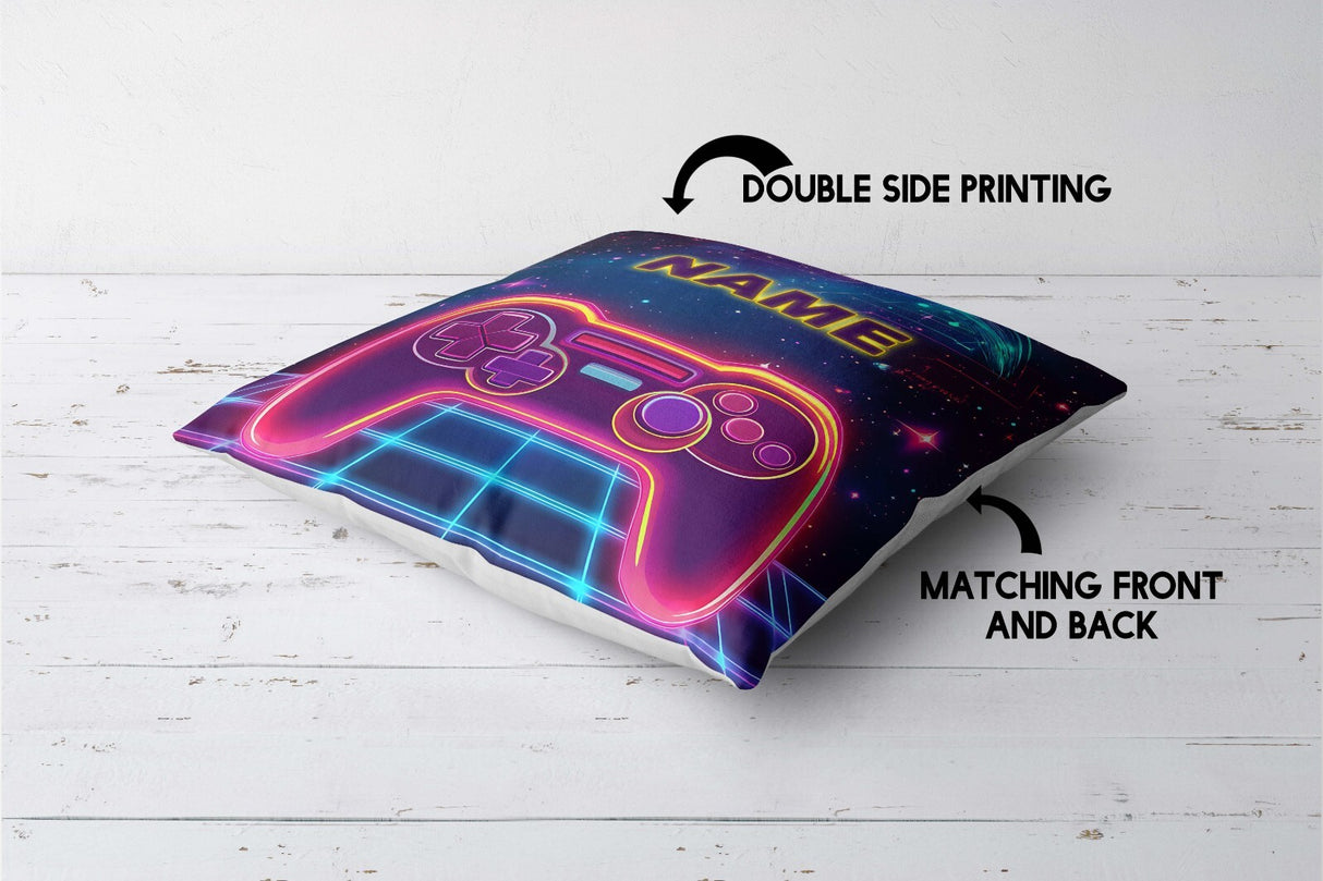 Personalised Name Gamer Gaming Controller Kids Square Fill Zipped Cushion Throw