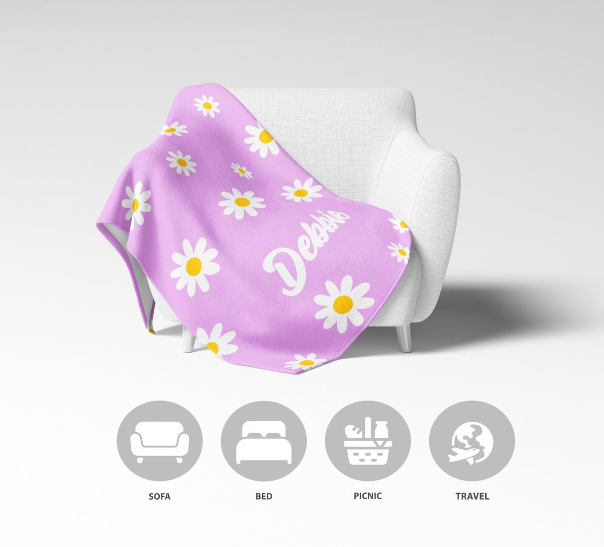 Personalised Custom Name Colour Floral Daisies Soft Warm Fleece Blanket Decor