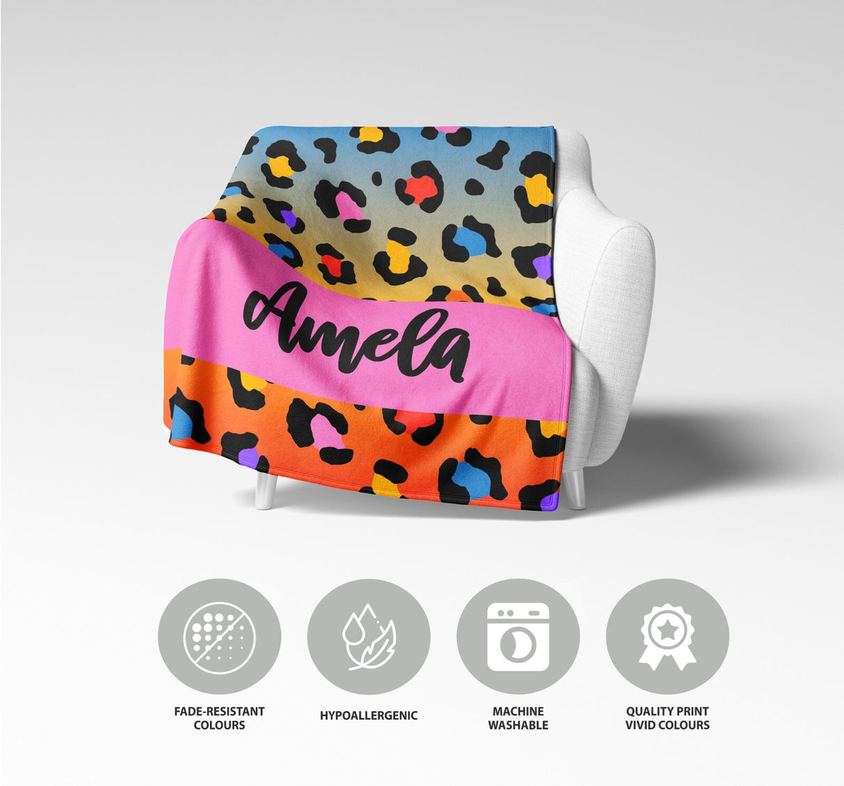 Personalised Name Leopard Spots Print Multicolour Soft Warm Fleece Blanket Decor