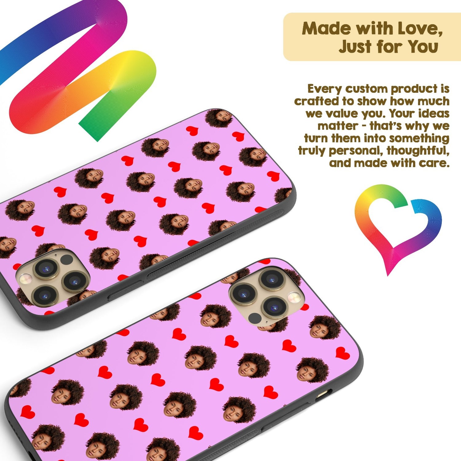 Face Cut Out All Over With Heart Personalised Custom - Printed iPhone Black Case