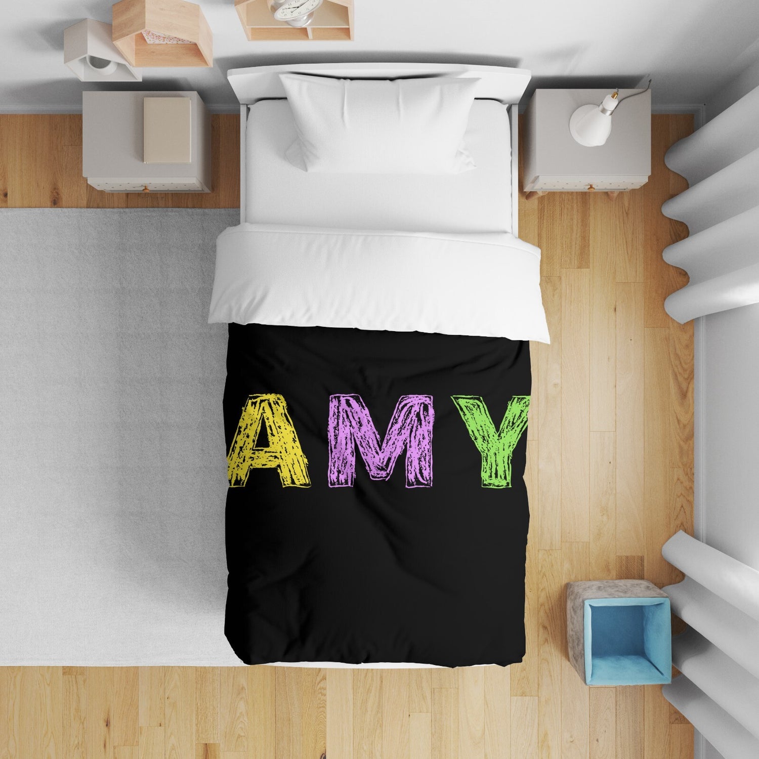 Personalised Name Crayon Coloured Font Kids Cot Bedding Duvet Cover + Pillowcase