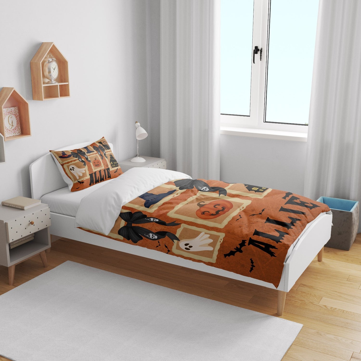 Halloween Spooky Personalised Name Kids Cot Bed Duvet Cover Pillowcase Set Gift