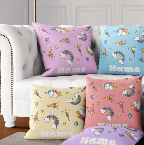 Personalised Custom Name Colour Unicorn Ice Cream Square Fill Zip Cushion Throw