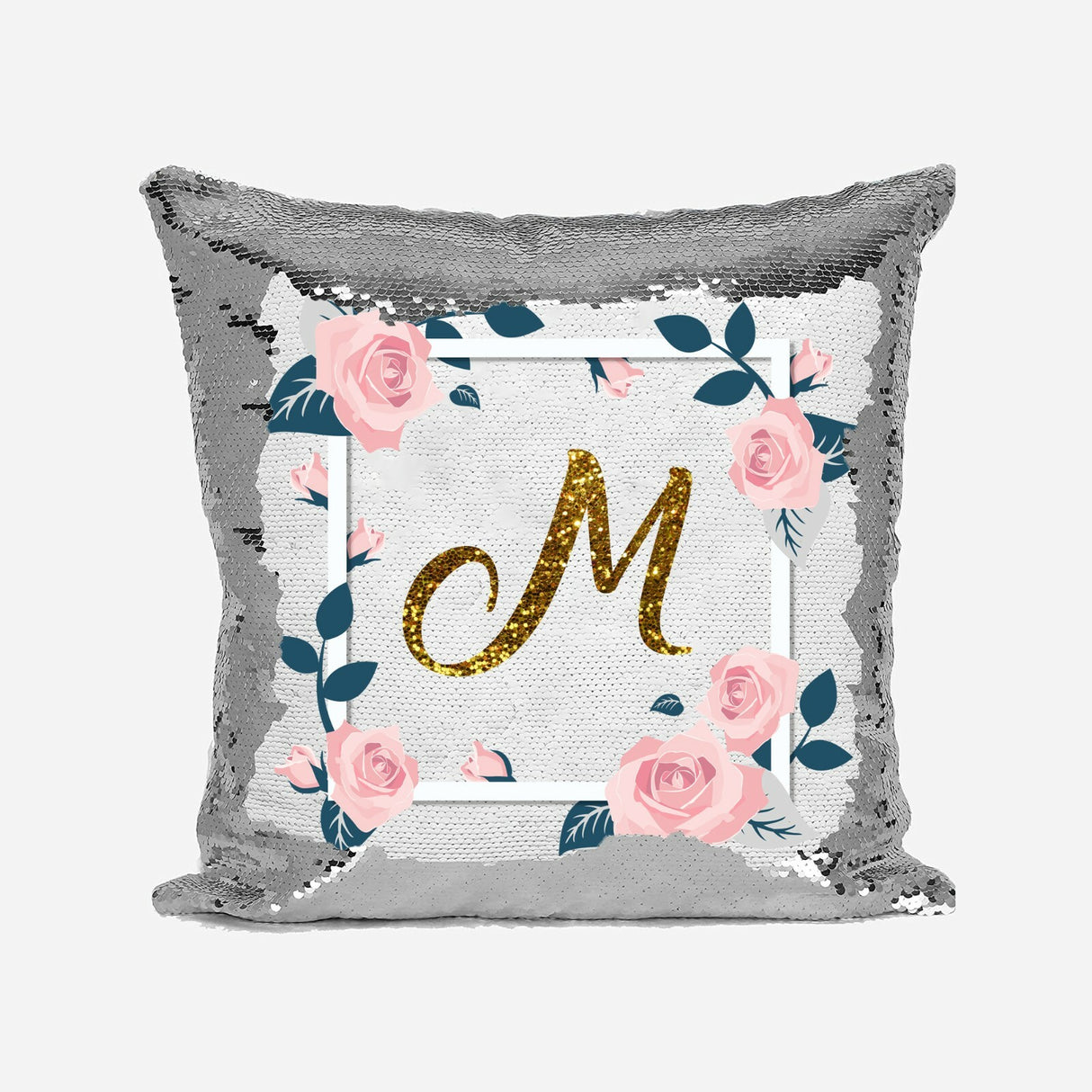 Personalised Name Shiny Sequin Magic Floral Rose Border Cushion Cover + Pillow