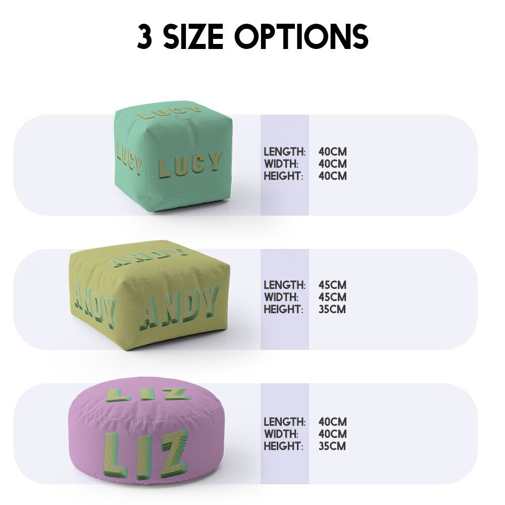 Personalised Name Bold Pixel 3D Any Colour Ottoman Filled Pouffe Washable Cover