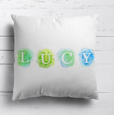 Personalised Name Watercolour Letters Font Kids Soft Square Filled Cushion Decor