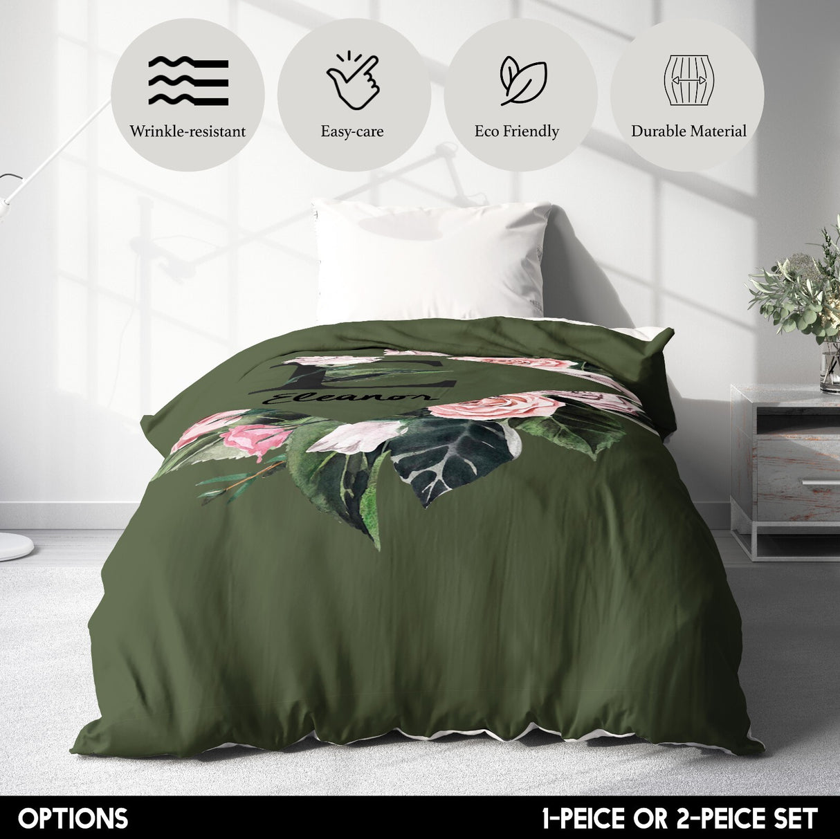 Personalised Name Botanical Floral Initial Single Bed Duvet Cover Pillowcase Set