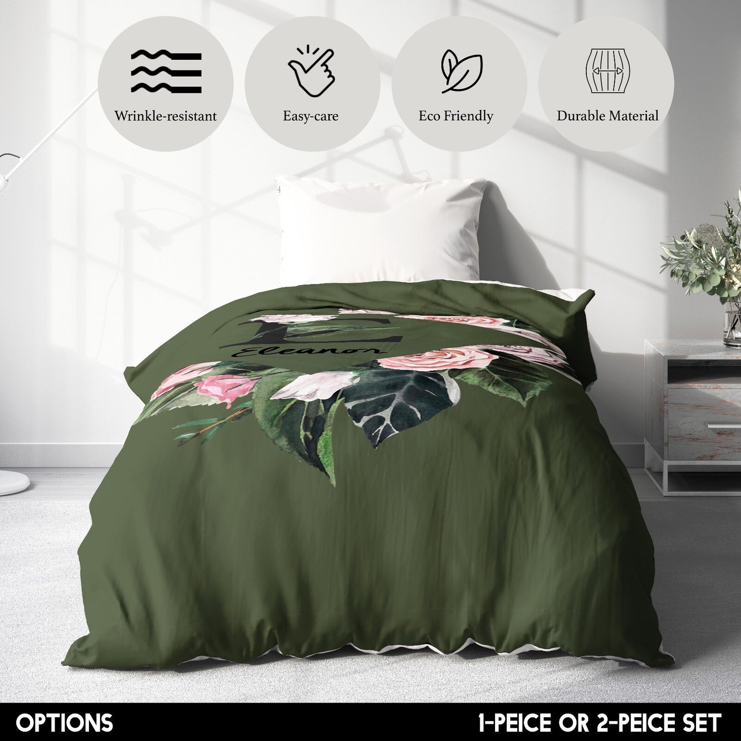 Personalised Name Botanical Floral Initial Single Bed Duvet Cover Pillowcase Set