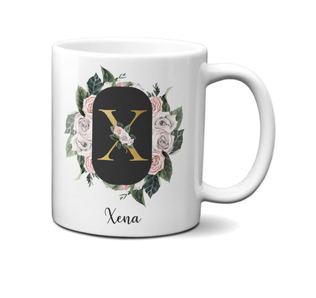 Personalised Floral Frame Gold Floral Name Initial Letter Mug Gift 11oz Ceramic