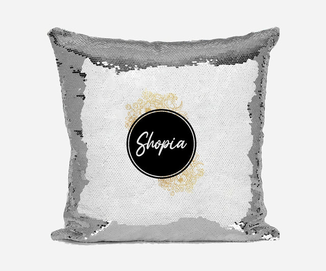 Personalised Name Shiny Sequin Magic Black Circle Gold Cushion Cover + Pillow