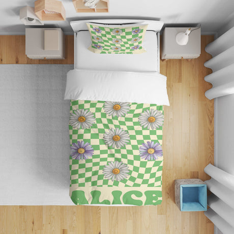 Personalised Custom Name Retro Daisy Check Kids Cot Bed Duvet Cover + Pillowcase