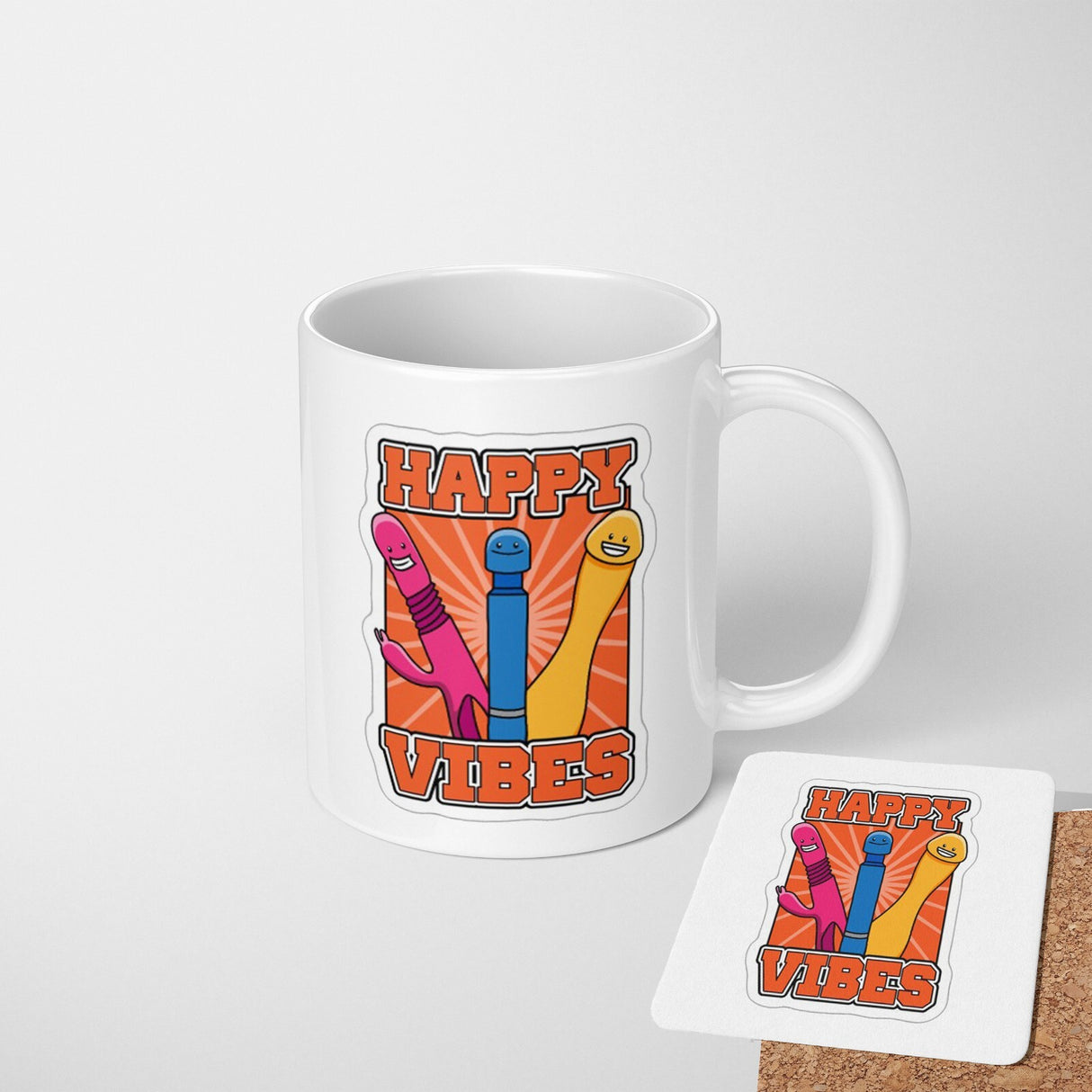Happy Vibes Rude Cheeky Funny Gift Coffee Tea Mug + Coaster Option For Him Her