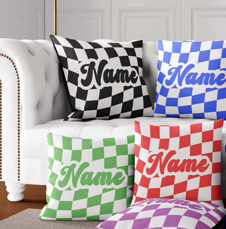 Personalised Custom Name Colour Retro Vans Checked Square Fill Zip Cushion Throw