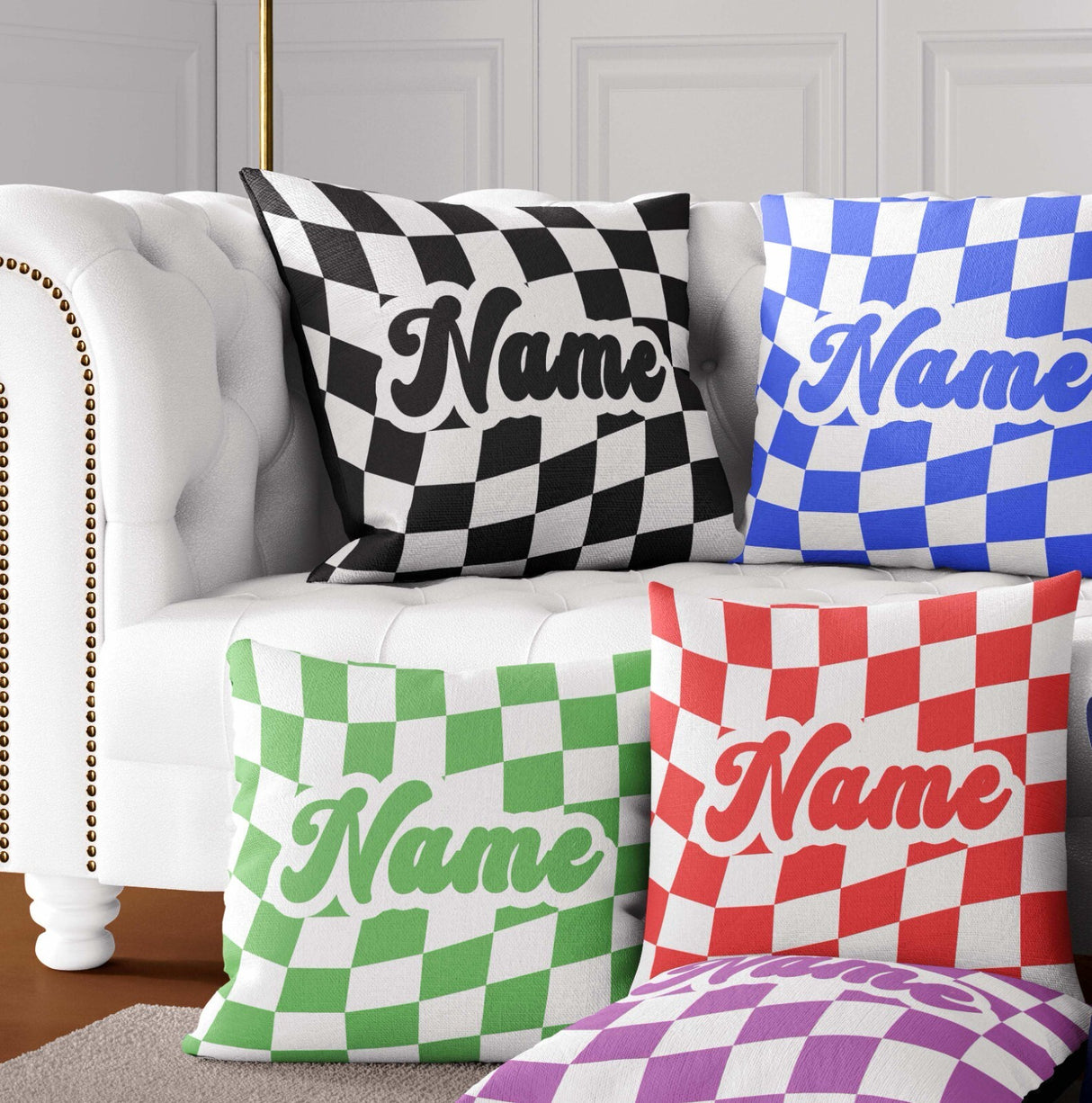 Personalised Custom Name Colour Retro Vans Checked Square Fill Zip Cushion Throw