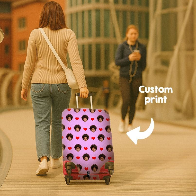 Face Cut Out All Over With Heart Luggage Cover Personalise Suitcase Wrap Unique