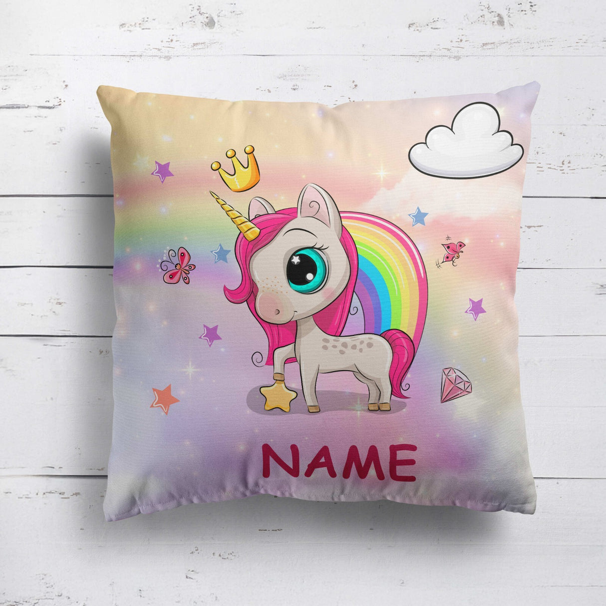 Personalised Name Unicorn Rainbow Mythical Kids Square Fill Zipped Cushion Throw