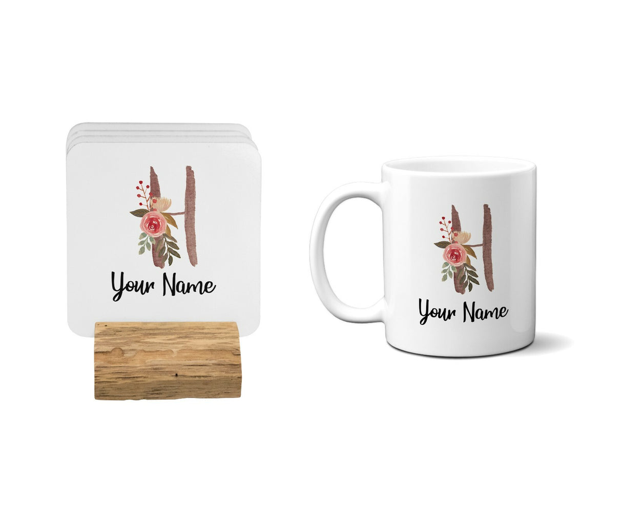Personalised Floral Watercolour Hand Paint Effect Alphabet Floral Name Mug
