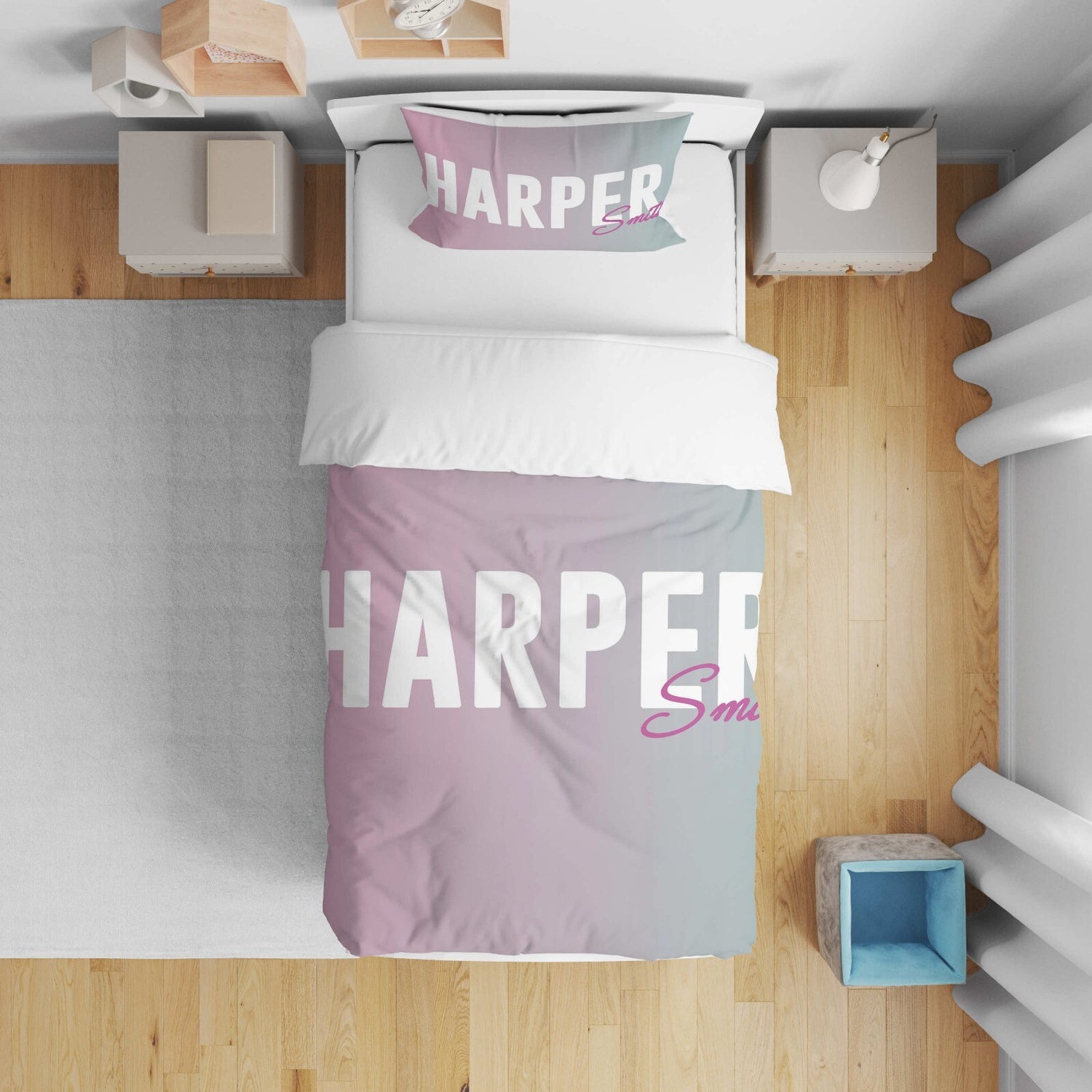 Personalised Name Gradient Two Tone Colour Kids Cot Bed Duvet Cover + Pillowcase