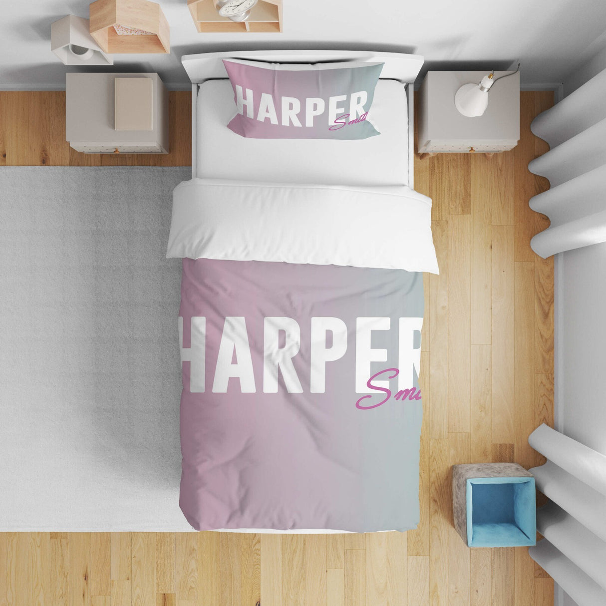 Personalised Name Gradient Two Tone Colour Kids Cot Bed Duvet Cover + Pillowcase
