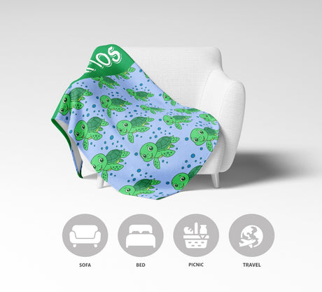 Personalised Custom Name Cartoon Baby Turtles Soft Fleece Blanket Decor Throw