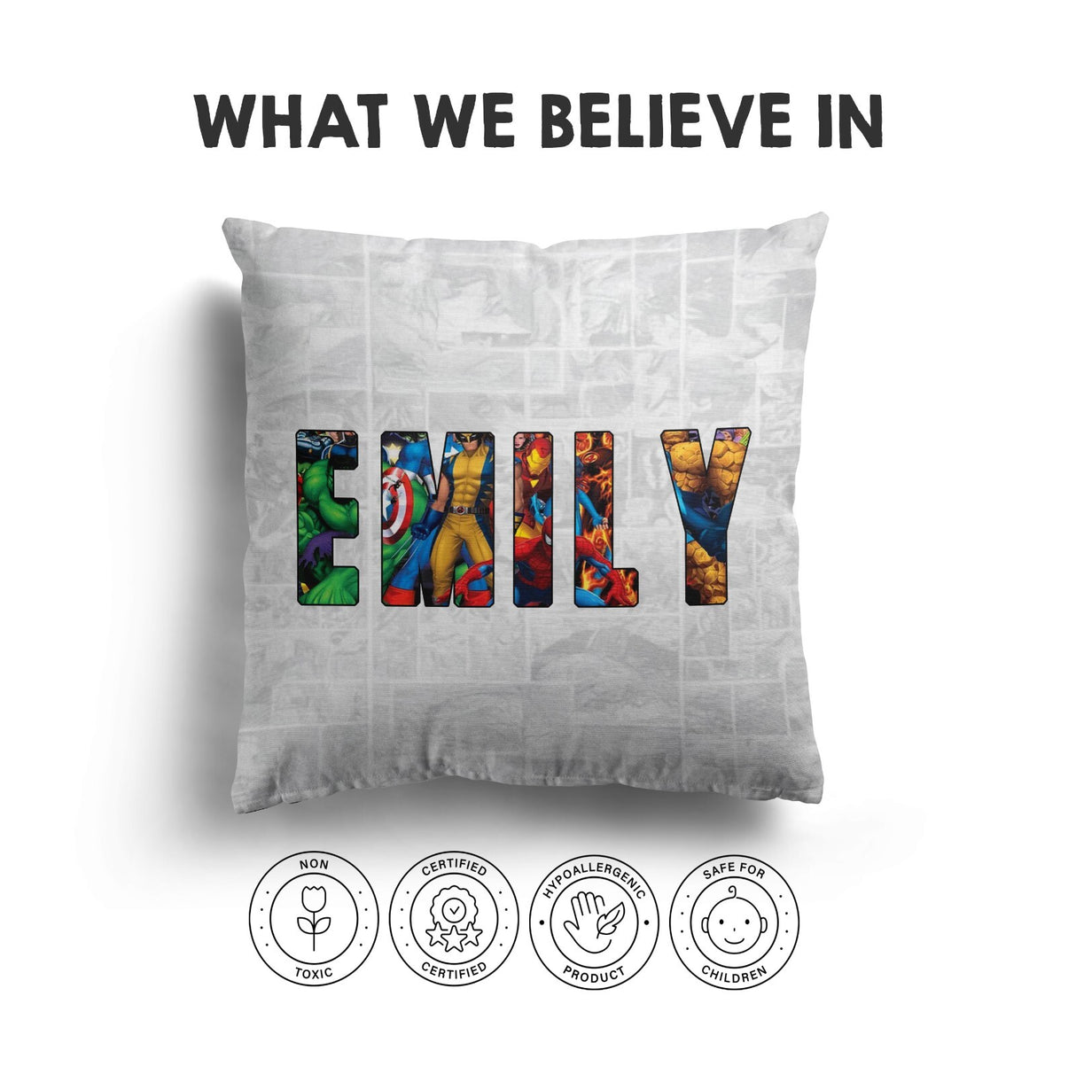 Personalised Superhero Name Text Printed Kids Soft Square Filled Cushion Throw