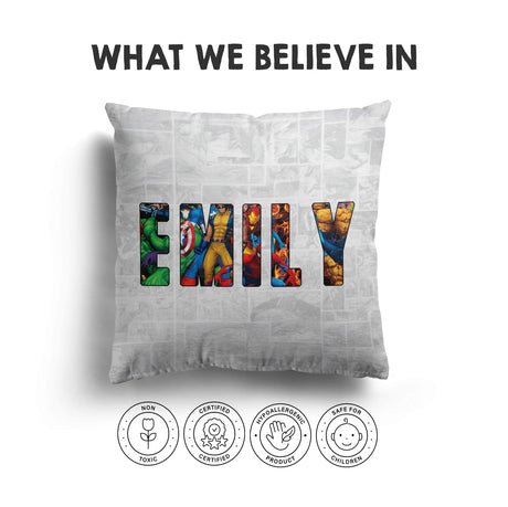 Personalised Superhero Name Text Printed Kids Soft Square Filled Cushion Throw