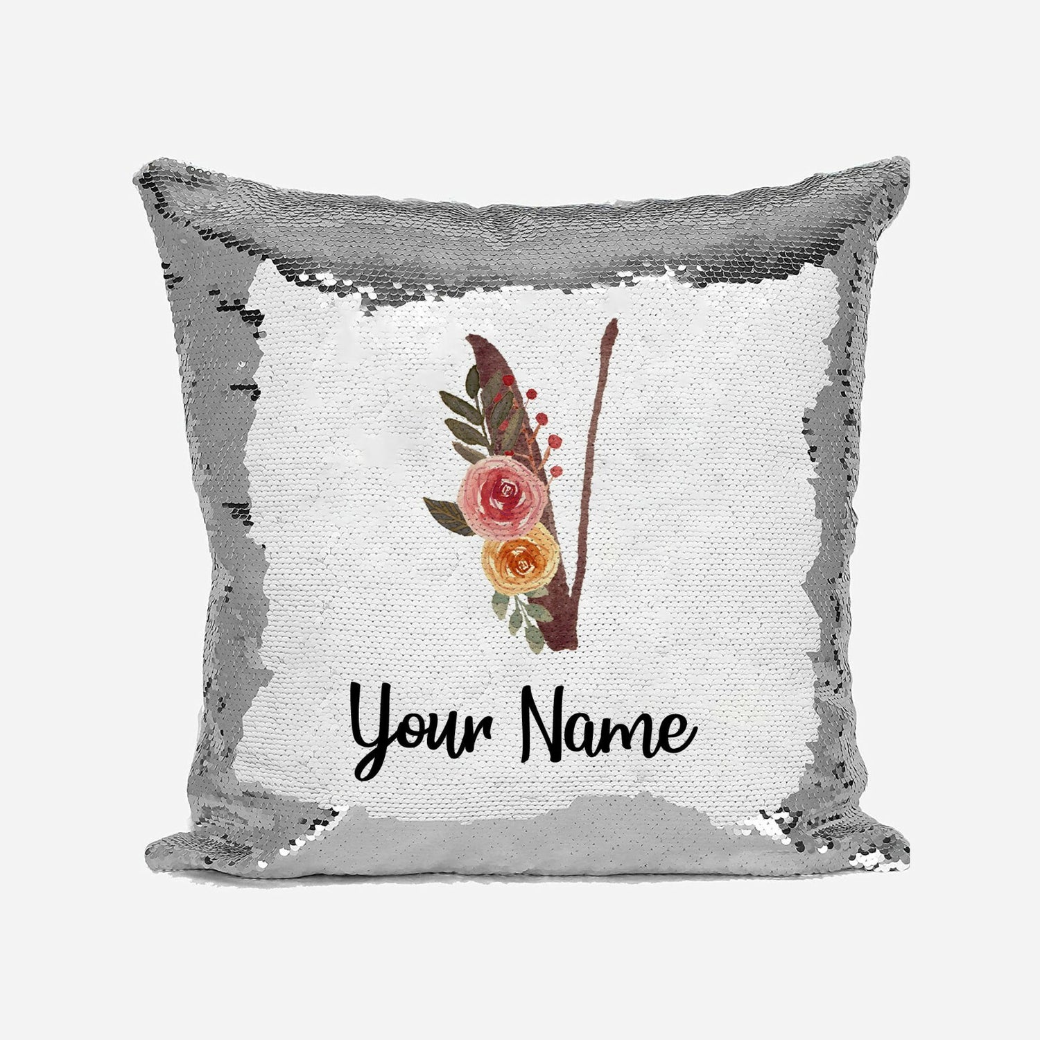 Personalised Floral Watercolour Effect Alphabet Sequin Magic Cushion + Pillow