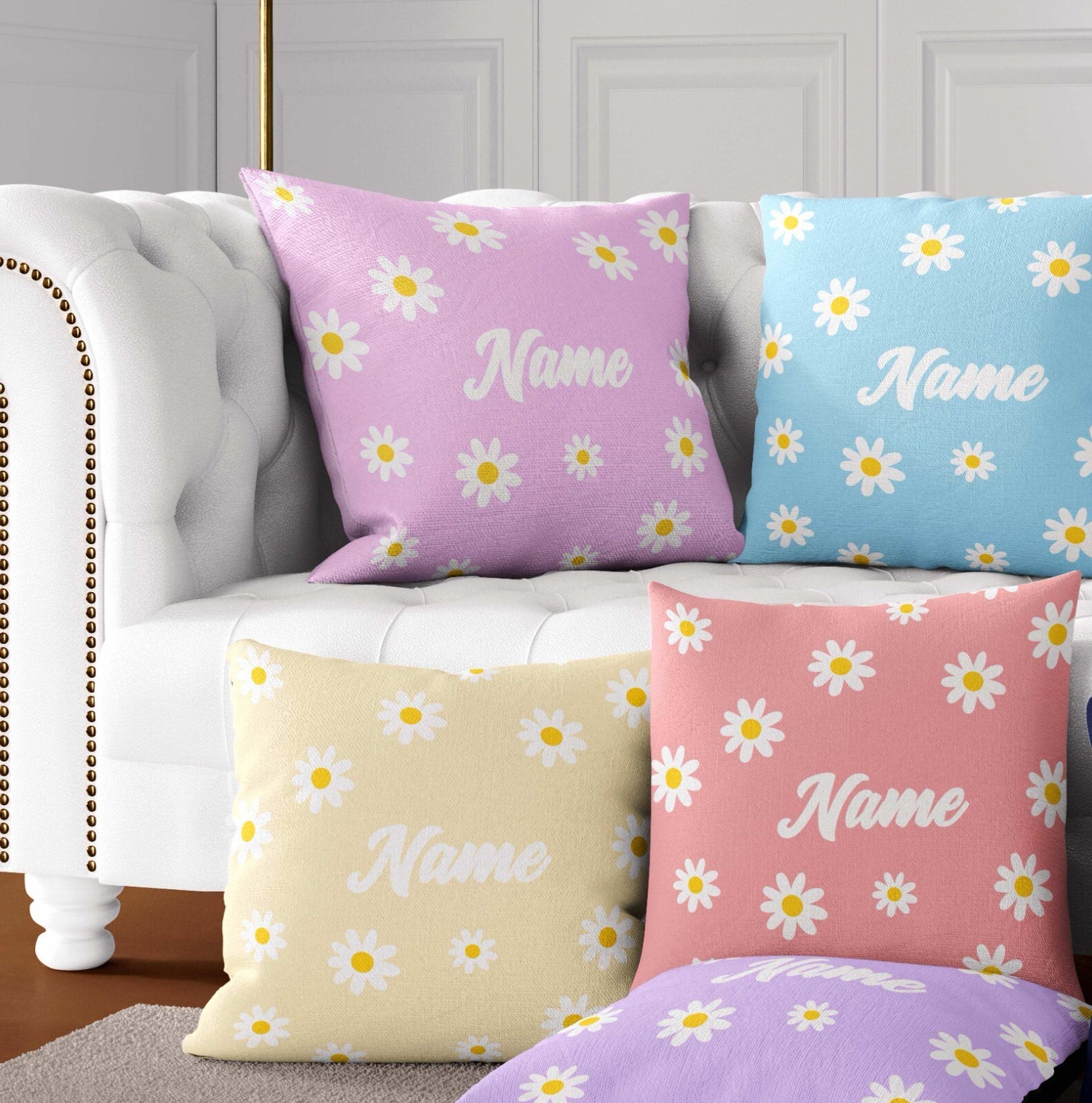 Personalised Custom Name Colour Floral Daisies Square Fill Zipped Cushion Throw