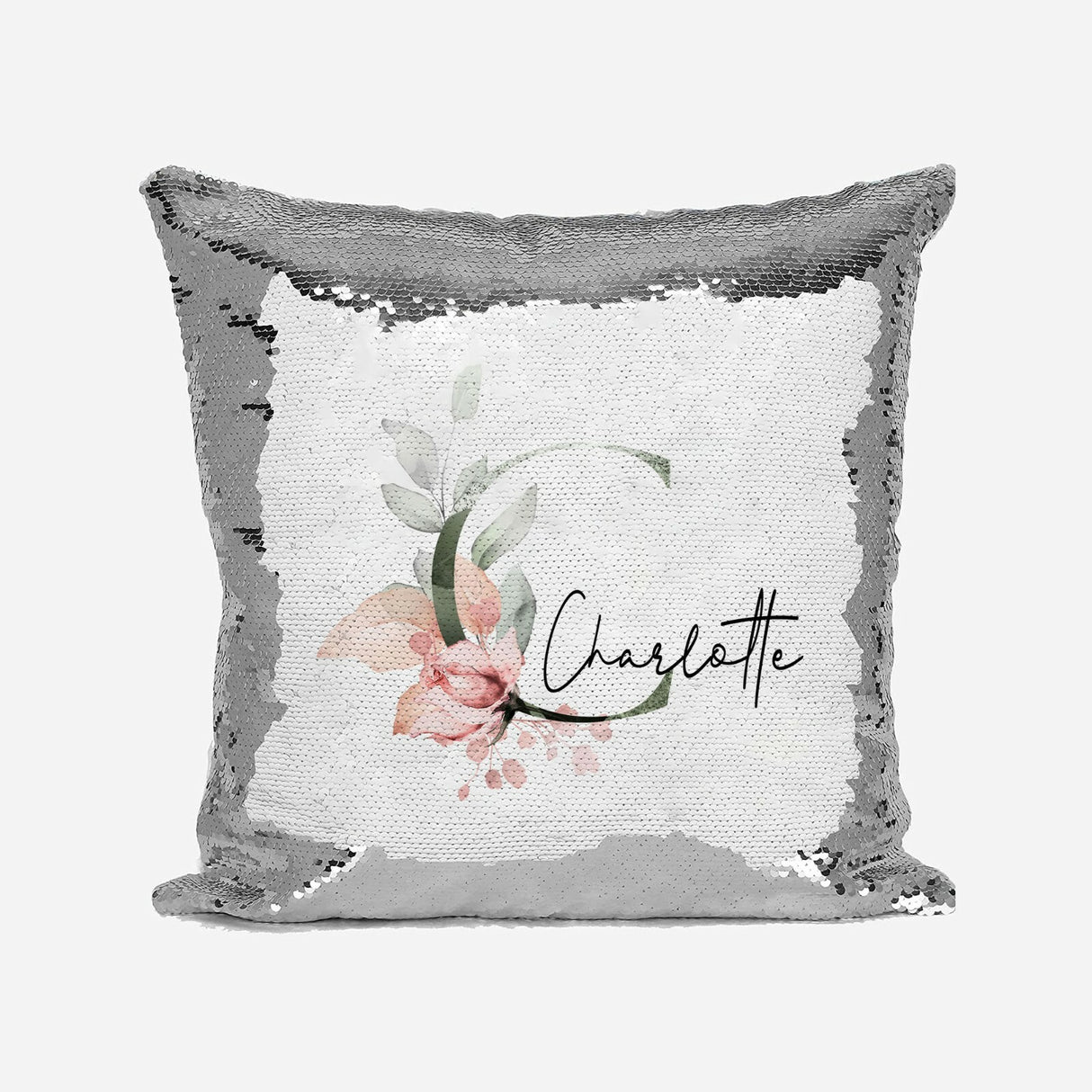 Personalised Gentle Botanical Blush Sequin Magic Cushion Cover + Pillow Kids