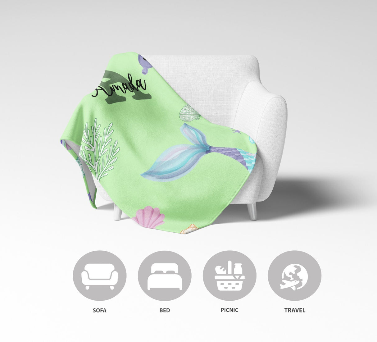 Personalised Name Colour Mermaid Tail Monogram Kids Soft Fleece Blanket Decor