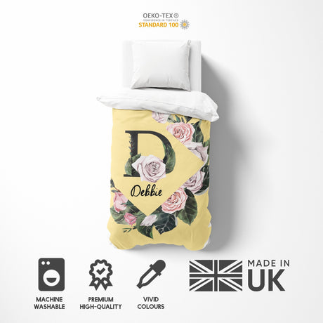 Personalised Name Botanical Floral Initial Single Bed Duvet Cover Pillowcase Set