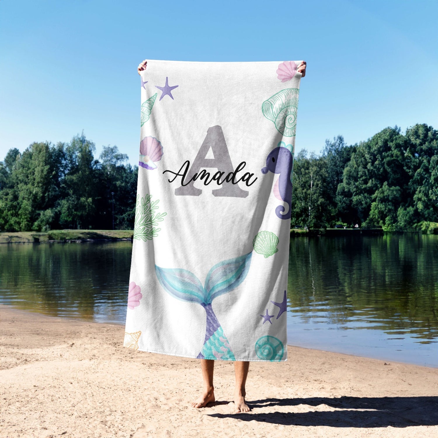 Personalised Name Mermaid Tail Monogram Soft Absorbent Beach Bath Sheet Towel