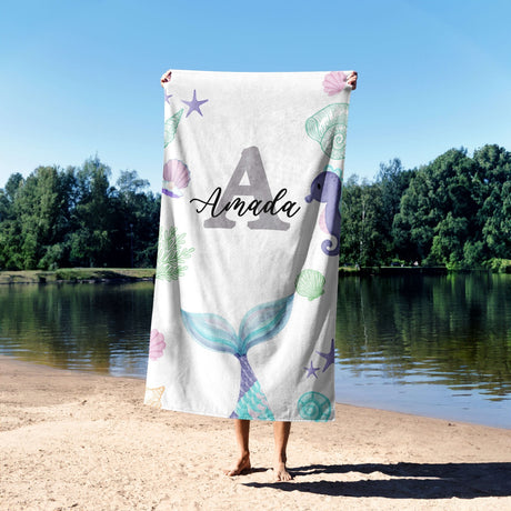 Personalised Name Mermaid Tail Monogram Soft Absorbent Beach Bath Sheet Towel