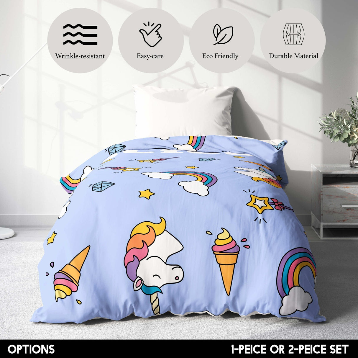 Personalised Custom Name Unicorn Ice Creams Single Bed Duvet Cover + Pillowcase