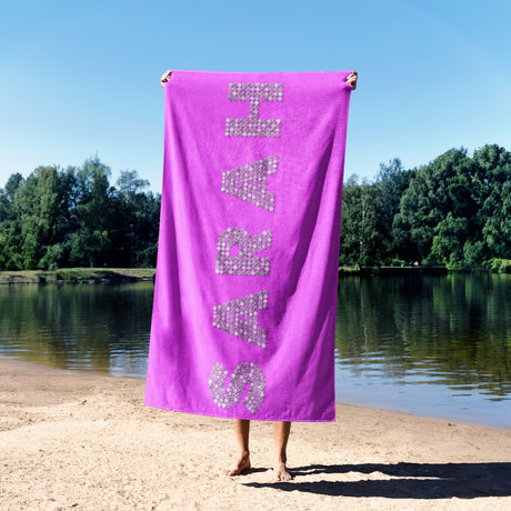 Personalised Any Name Diamond Gems Any Colour Absorbent Beach Bath Sheet Towel