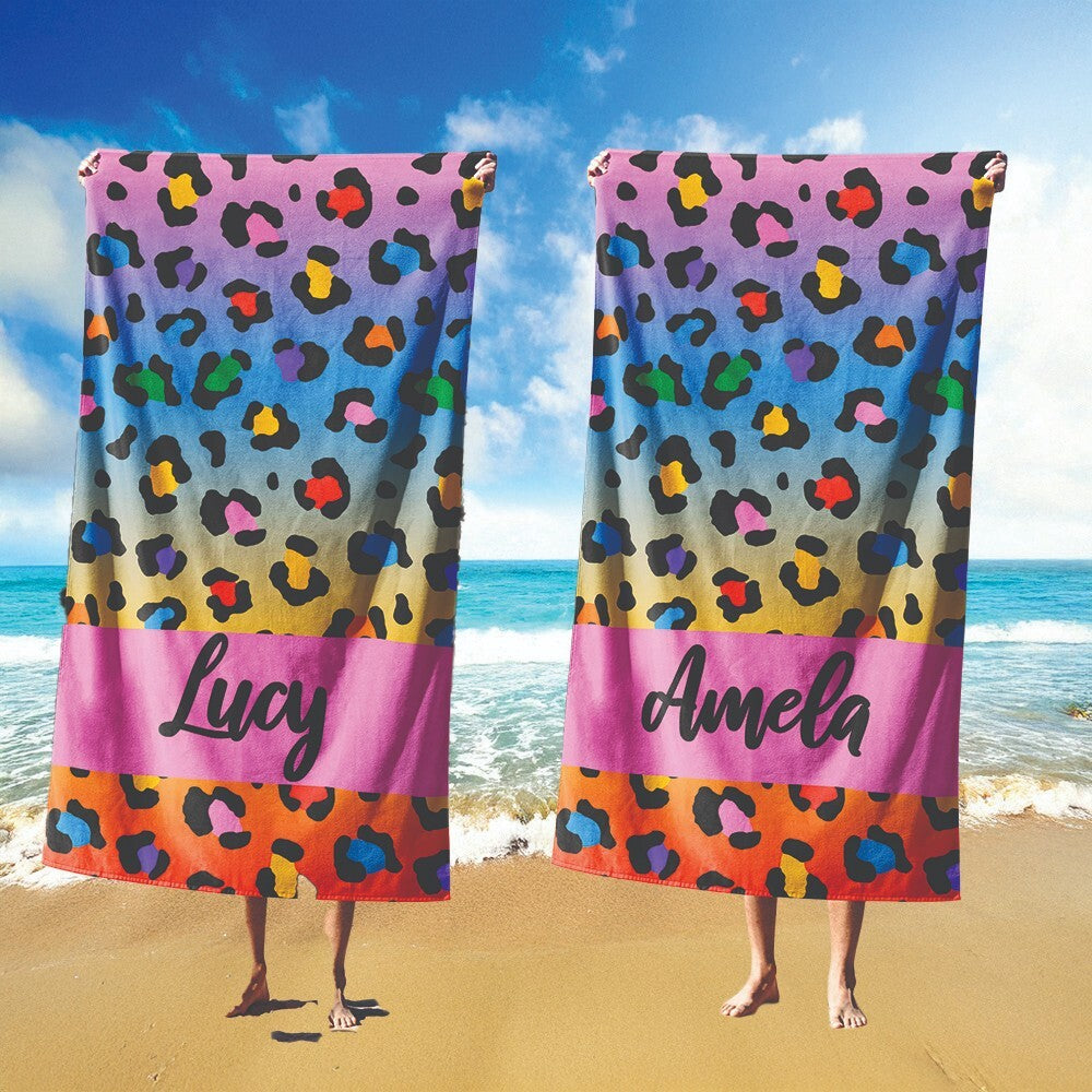 Personalised Name Leopard Print Multi Spot Soft Absorbent Beach Bath Sheet Towel