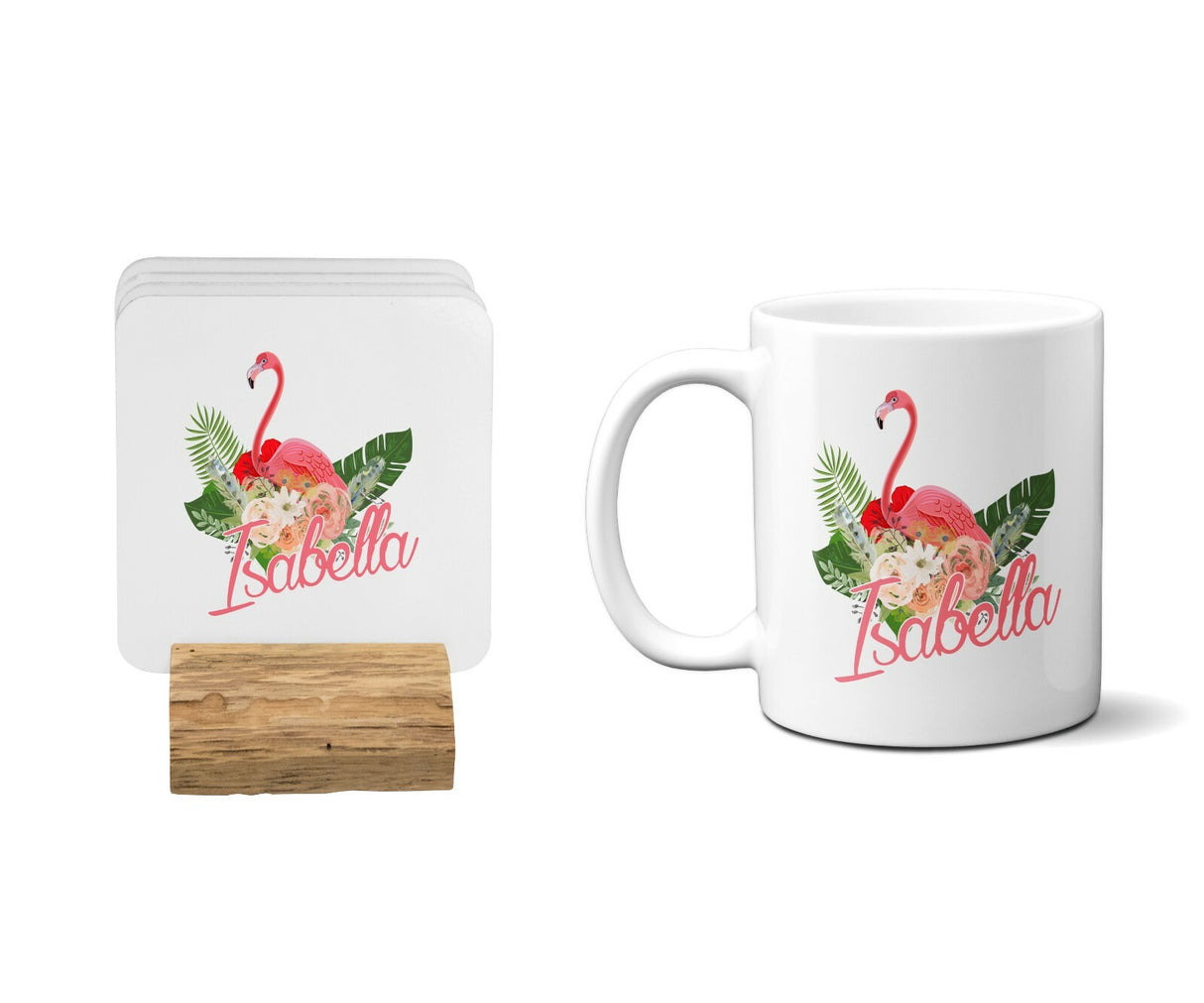 Personalised Name Flamingo Floral Coffee Tea Mug Gift 11oz Mug + Coaster
