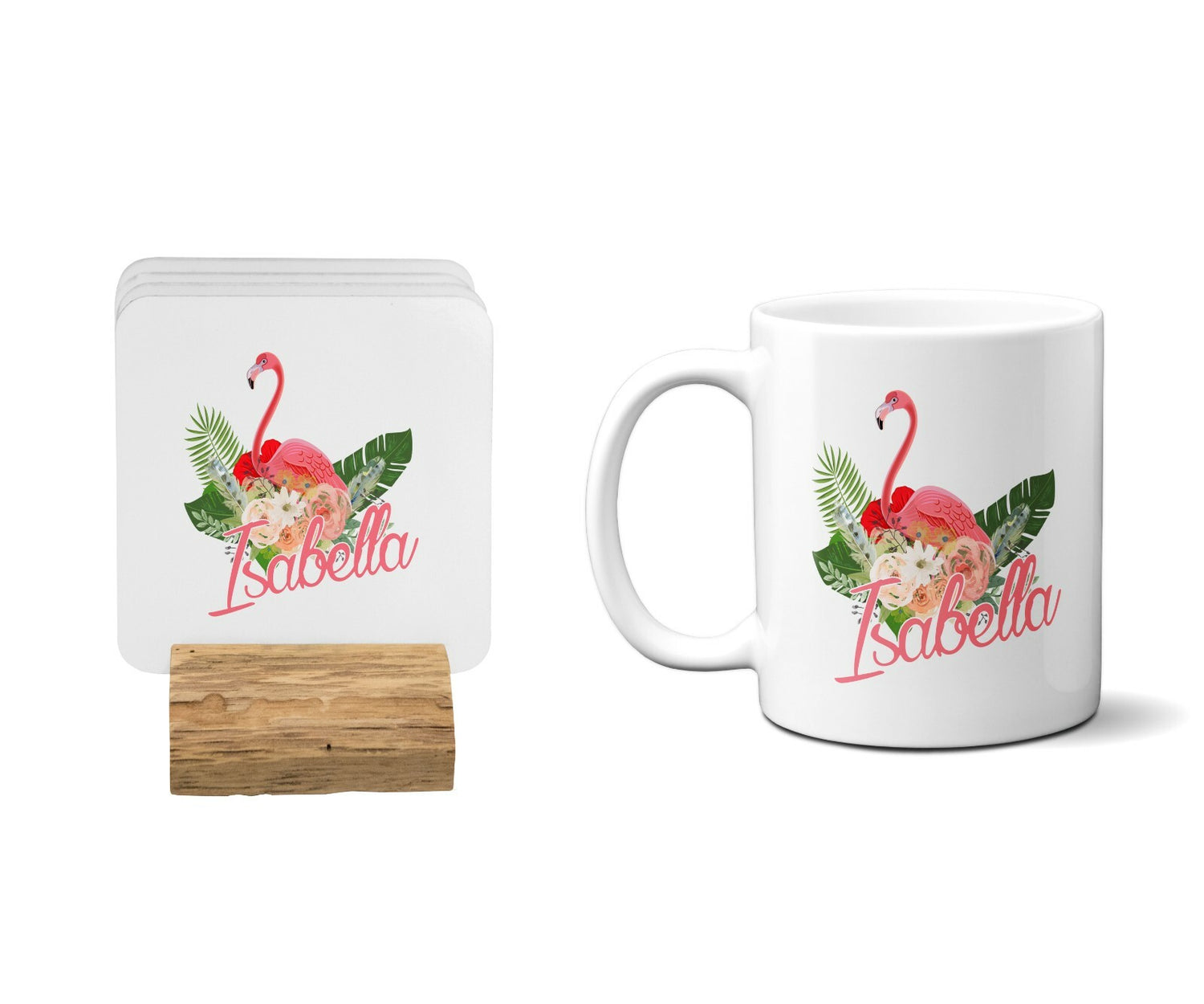Personalised Name Flamingo Floral Coffee Tea Mug Gift 11oz Mug + Coaster
