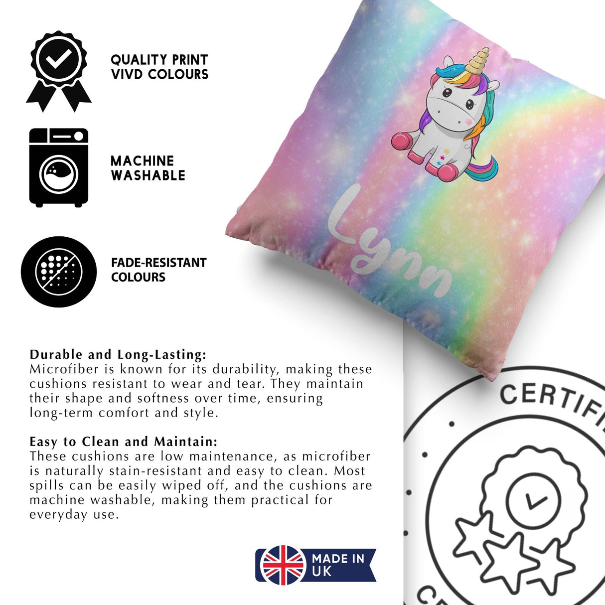 Personalised Custom Name Rainbow Unicorn Kids Novelty Square Fill Cushion Throw
