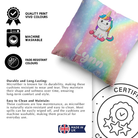 Personalised Custom Name Rainbow Unicorn Kids Novelty Square Fill Cushion Throw
